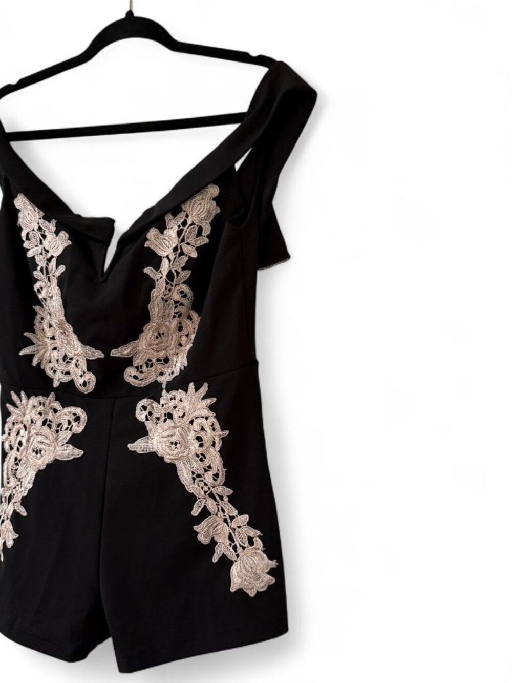 Charlotte Russe Black Cream Off Shoulder Romper M